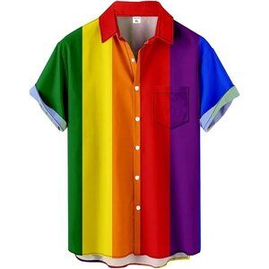 ❤️Men Rainbow Print Short Sleeve  Hawaiian Fit Casual Button Down Beach Shirts